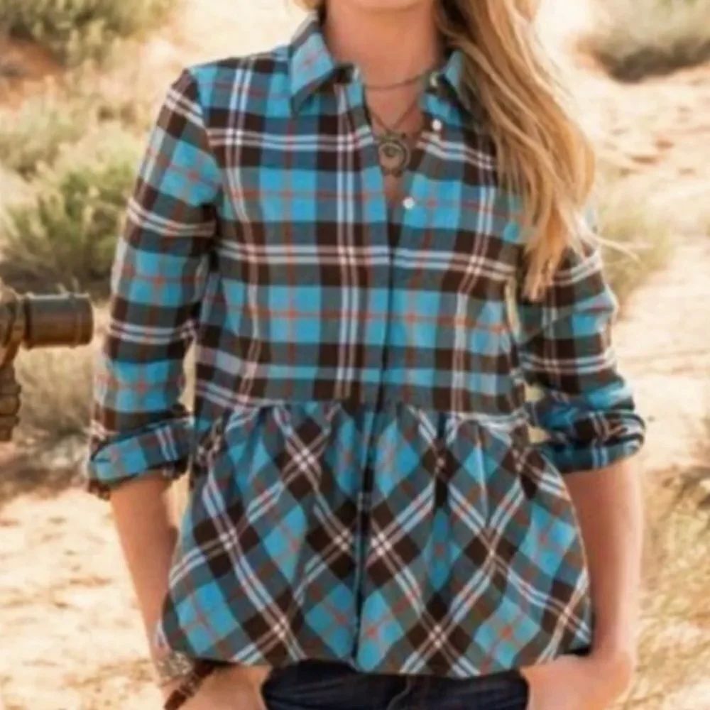 Sundance Hayden Creek Teal Plaid Flannel Peplum Top Blue Black Women’s XS